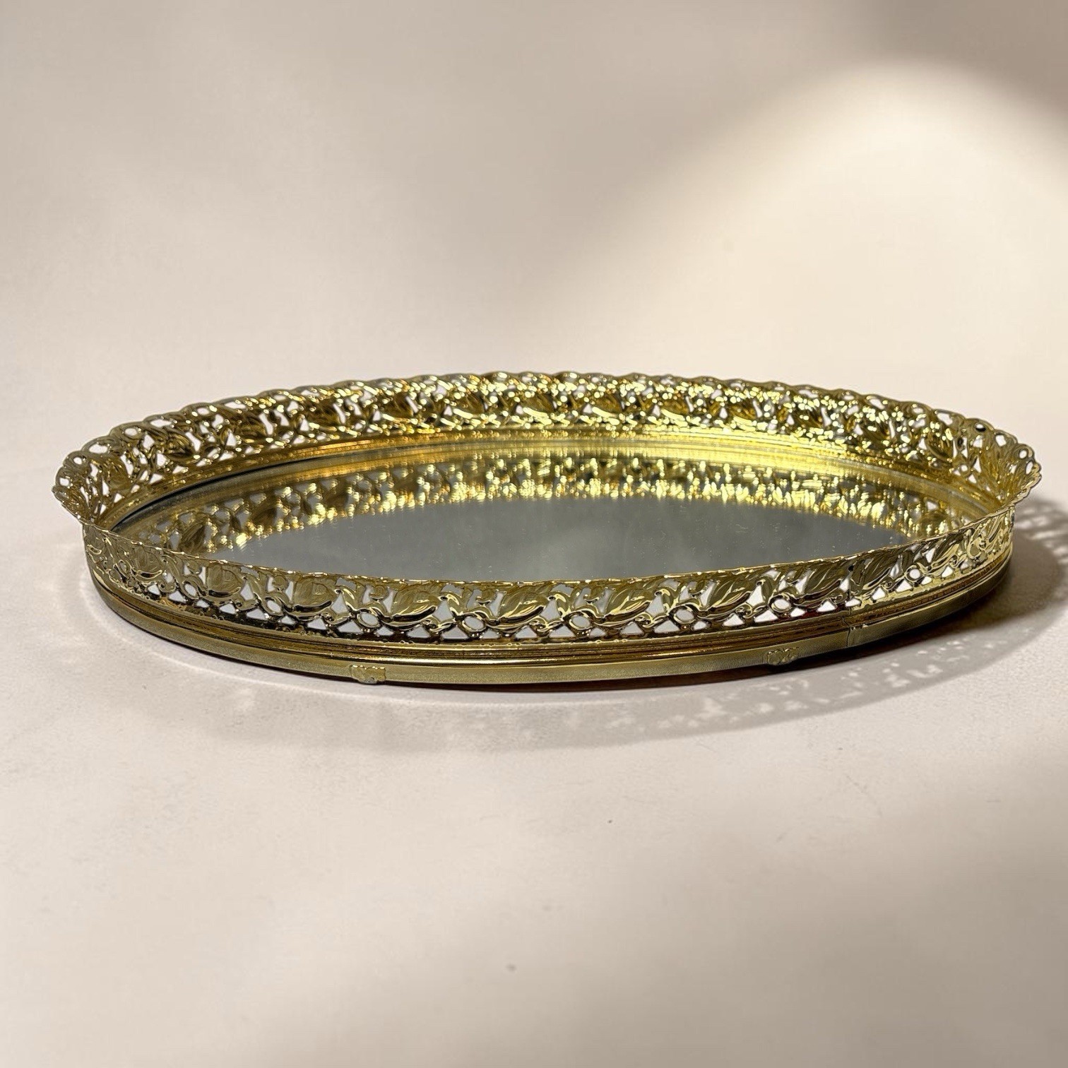 Vintage Karew Oval Vanity Mirror Dresser Tray Gold Filigree 9x14 Tray USA