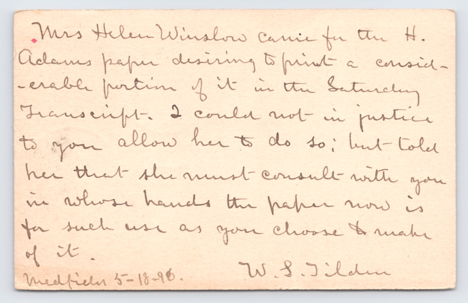 1896 W.S. Tilden Helen Winslow Boston Transcript Postal Card Medfield MA