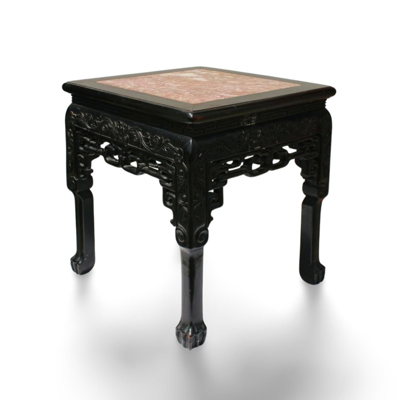 An Antique Square Hardwood Side Table with Marble Top