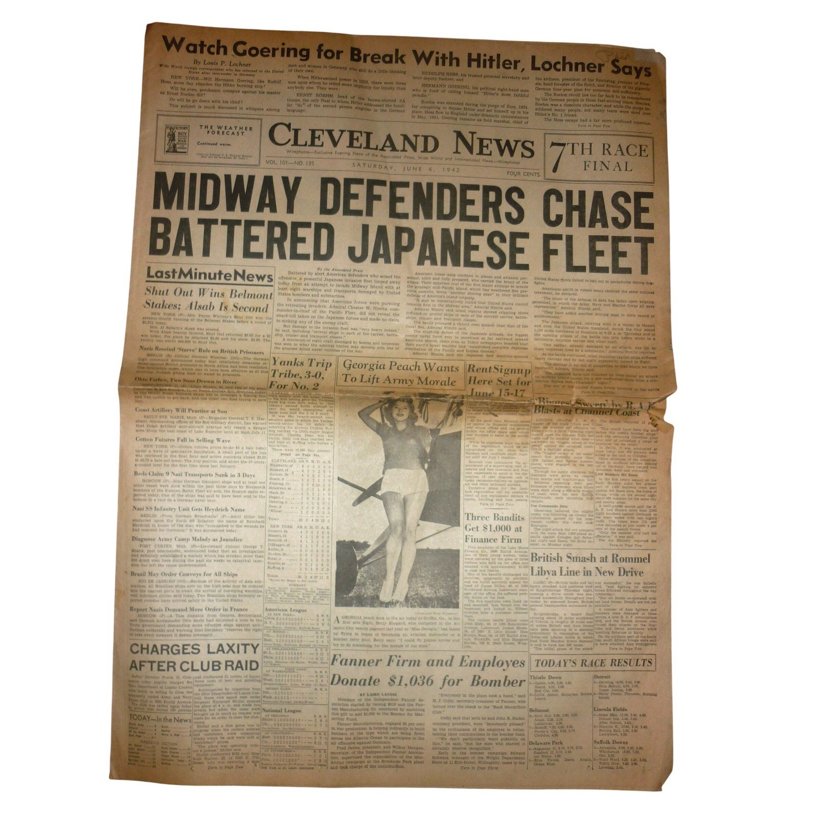 Vintage June 6 1942 Cleveland News Newspaper WWII Battle of Midway Victory