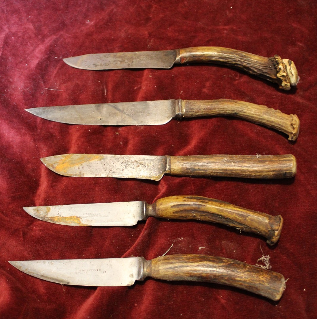 Beautiful Antique Primitive Fine Hunting Knives Deer Antler Handles Montana