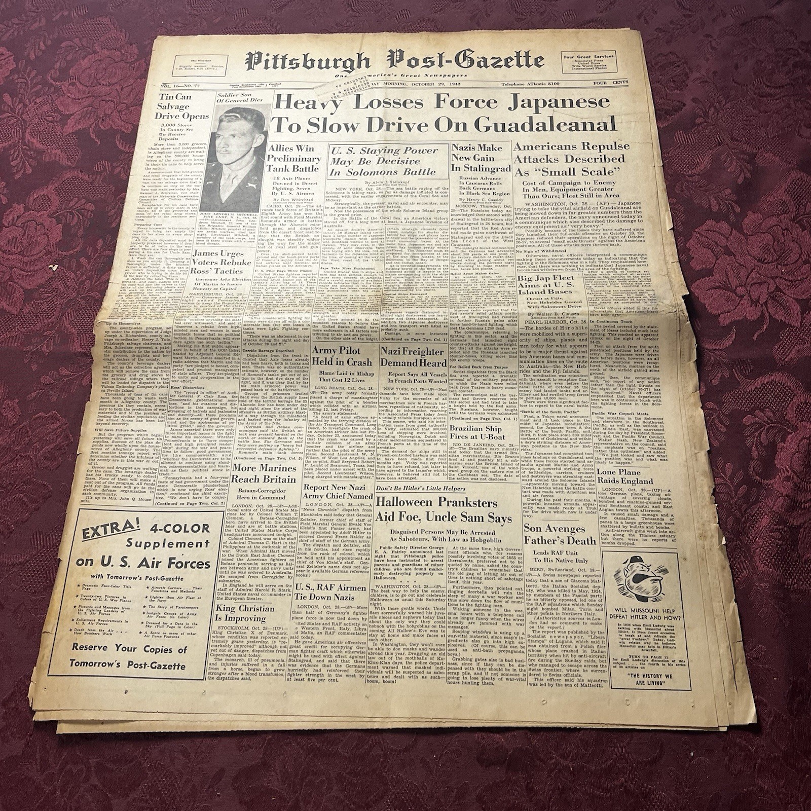 Vintage Pittsburgh Post-Gazette Newspaper 10-29-1942 - Heavy Losses Force Jap….