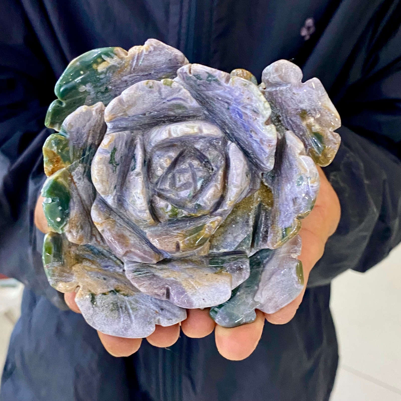 1.23LB Natural Ocean Jasper Peony Flower Carving Crystal Healing Home Ornament