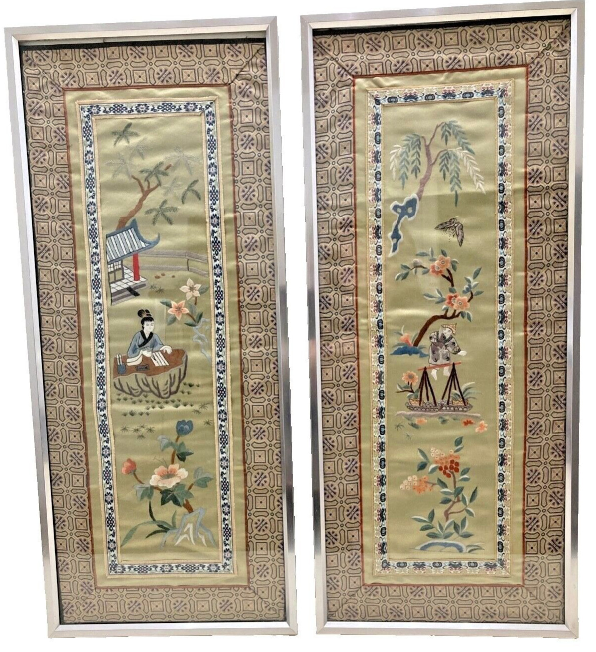Asian Silk Embroidery Tapestry Framed Japanese UME Apricot Blue Floral Garden