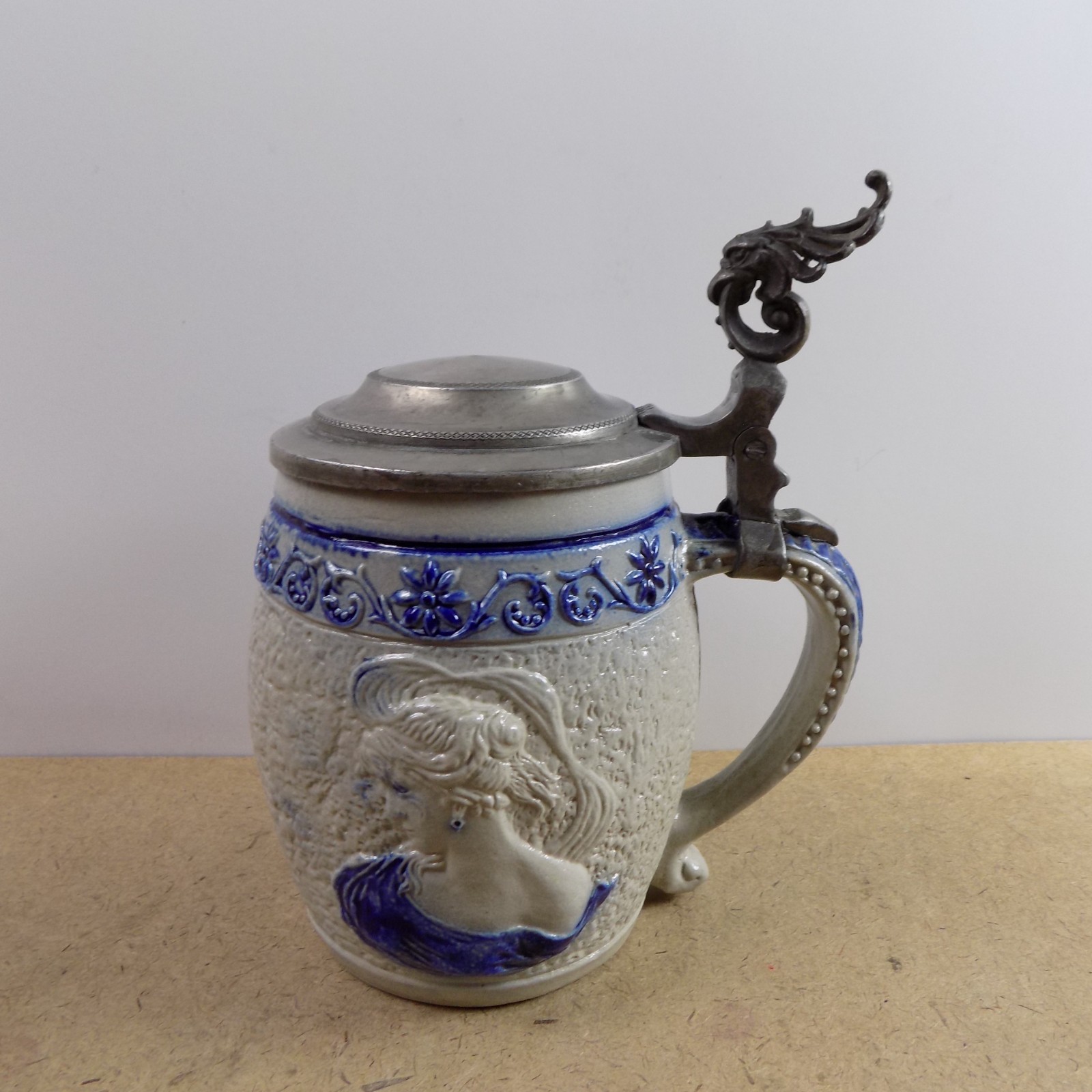 Antique White's of Utica Stoneware Beer Stein #41 Blue Lady Portrait Stoneware
