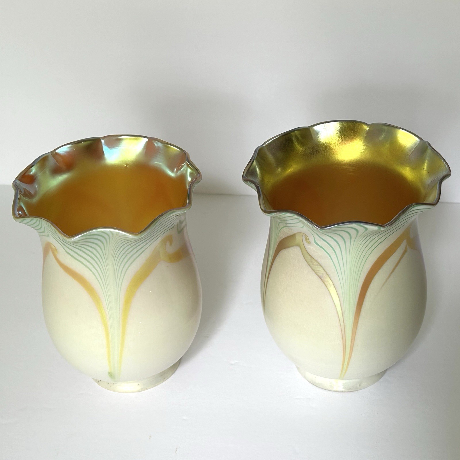 Pr. Antique Steuben Iridescent Pulled Feather Art Glass Lamp Shades Signed
