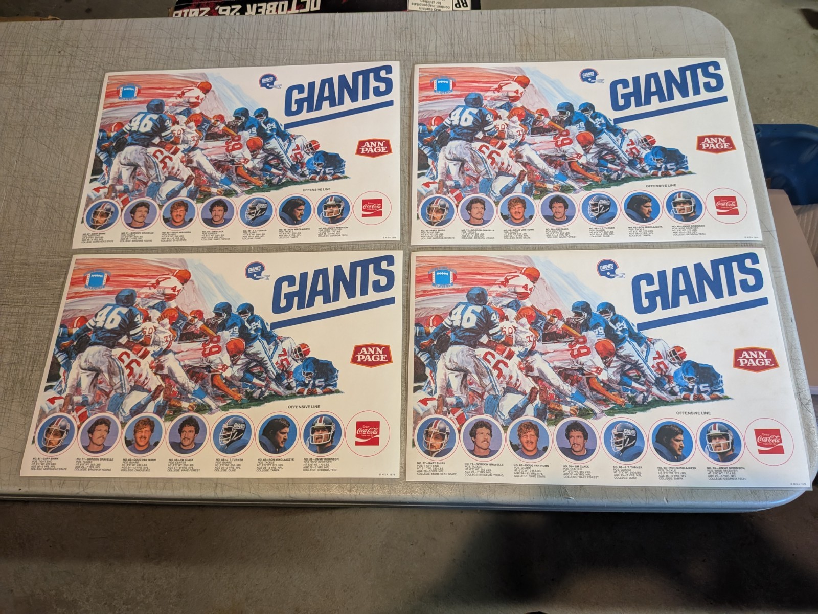 4x Vintage 1978 New York Giants NFL Football Ann Page Coca-Cola Plastic Placemat