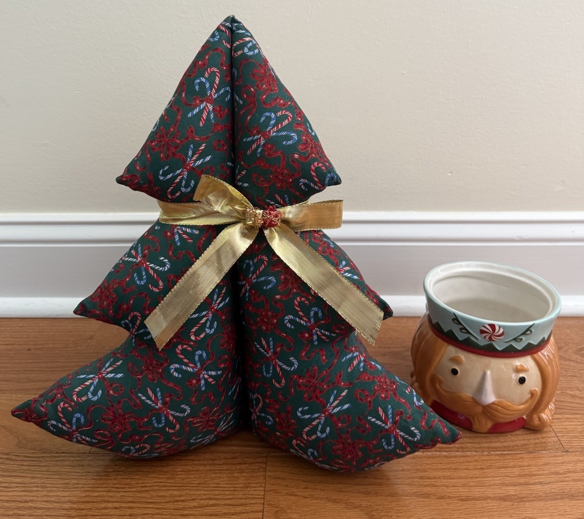 Christmas Decor Bundle Fabric Tree & Wellesley Farms Nutcracker Planter Holiday