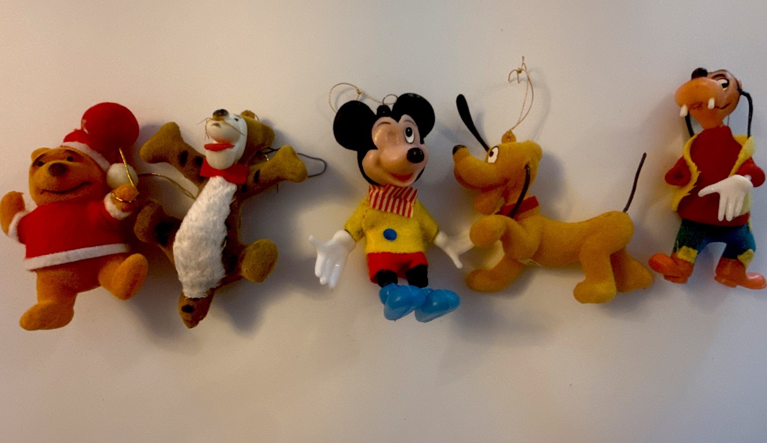  5 Vintage Walt Disney Production Hong Kong Flocked Plastic Character Ornaments