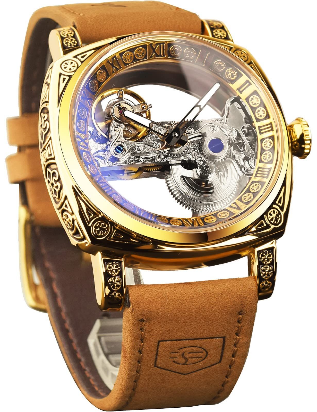 Brand new FORSINING Men\'s Square Carving Mechanical Wristwatch Retro Totem Doubl