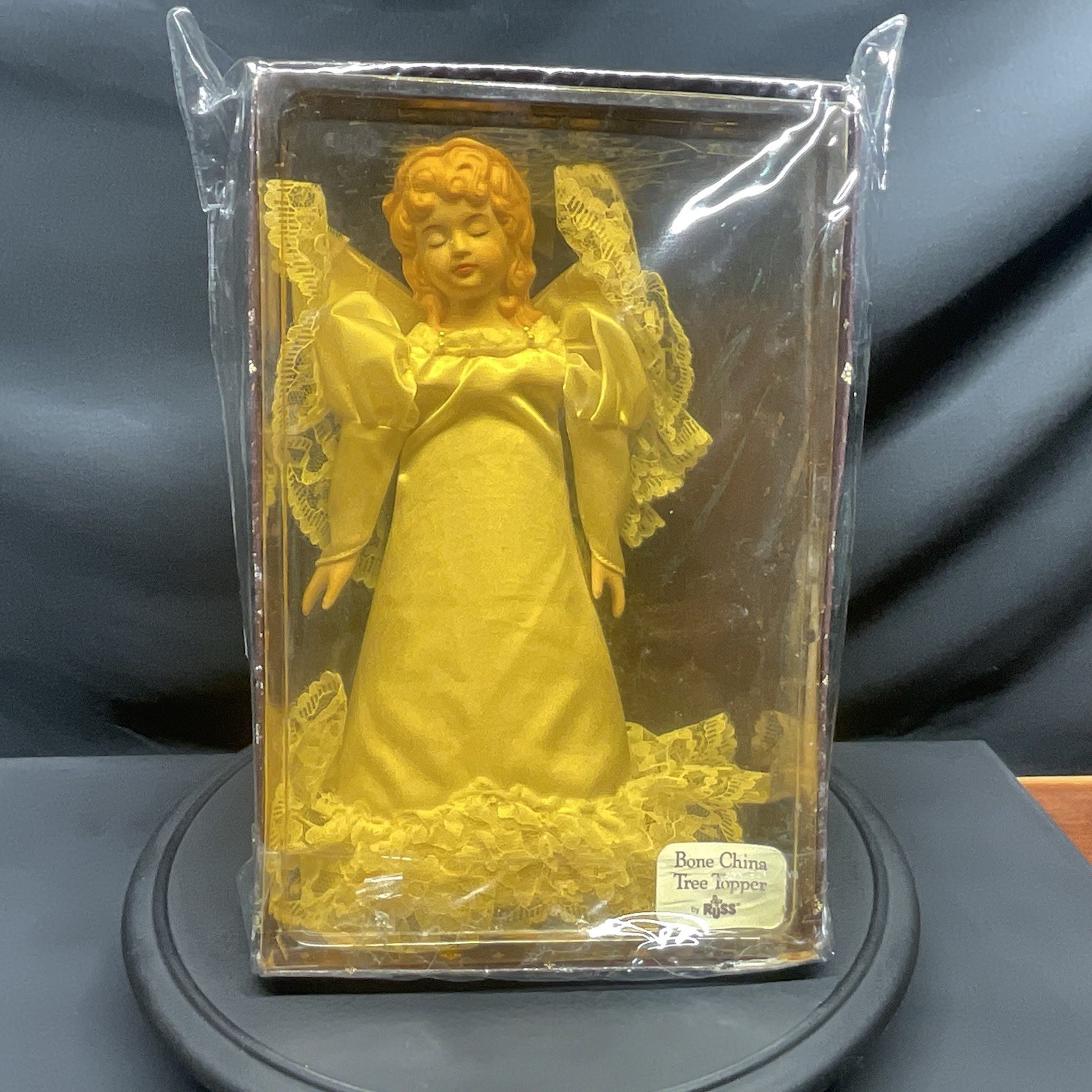Vintage Russ Berrie Bone China Angel Tree Topper 2478 Gold Satin Lace Sealed