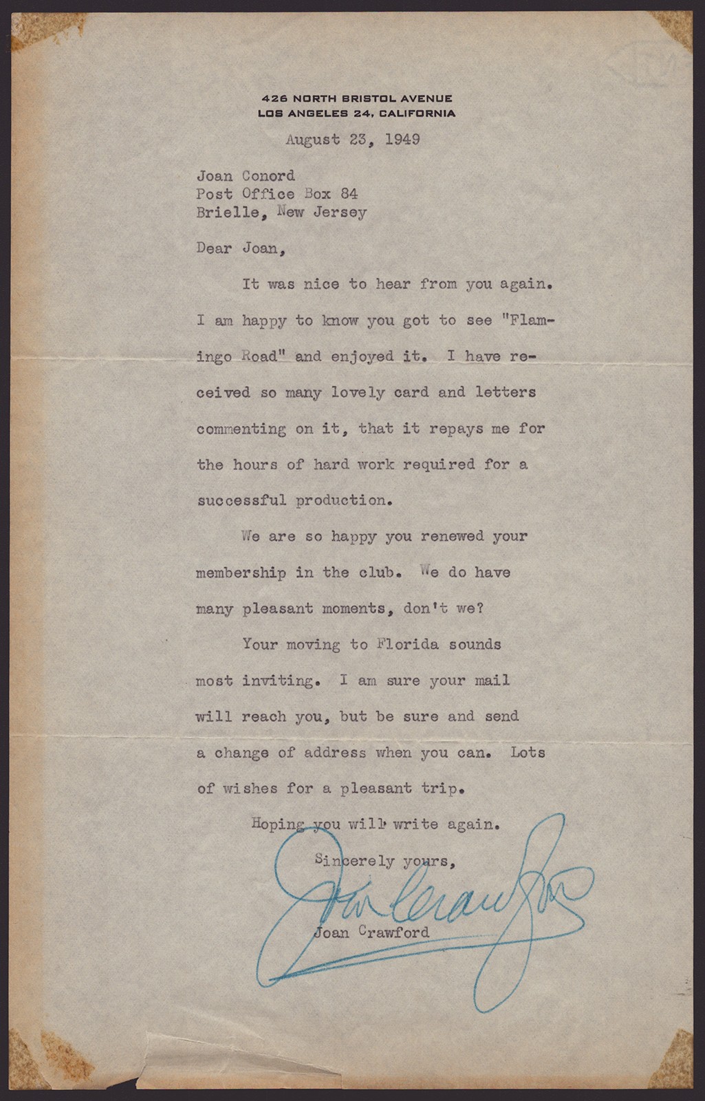 JOAN CRAWFORD - TYPED LETTER SIGNED 08/23/1949