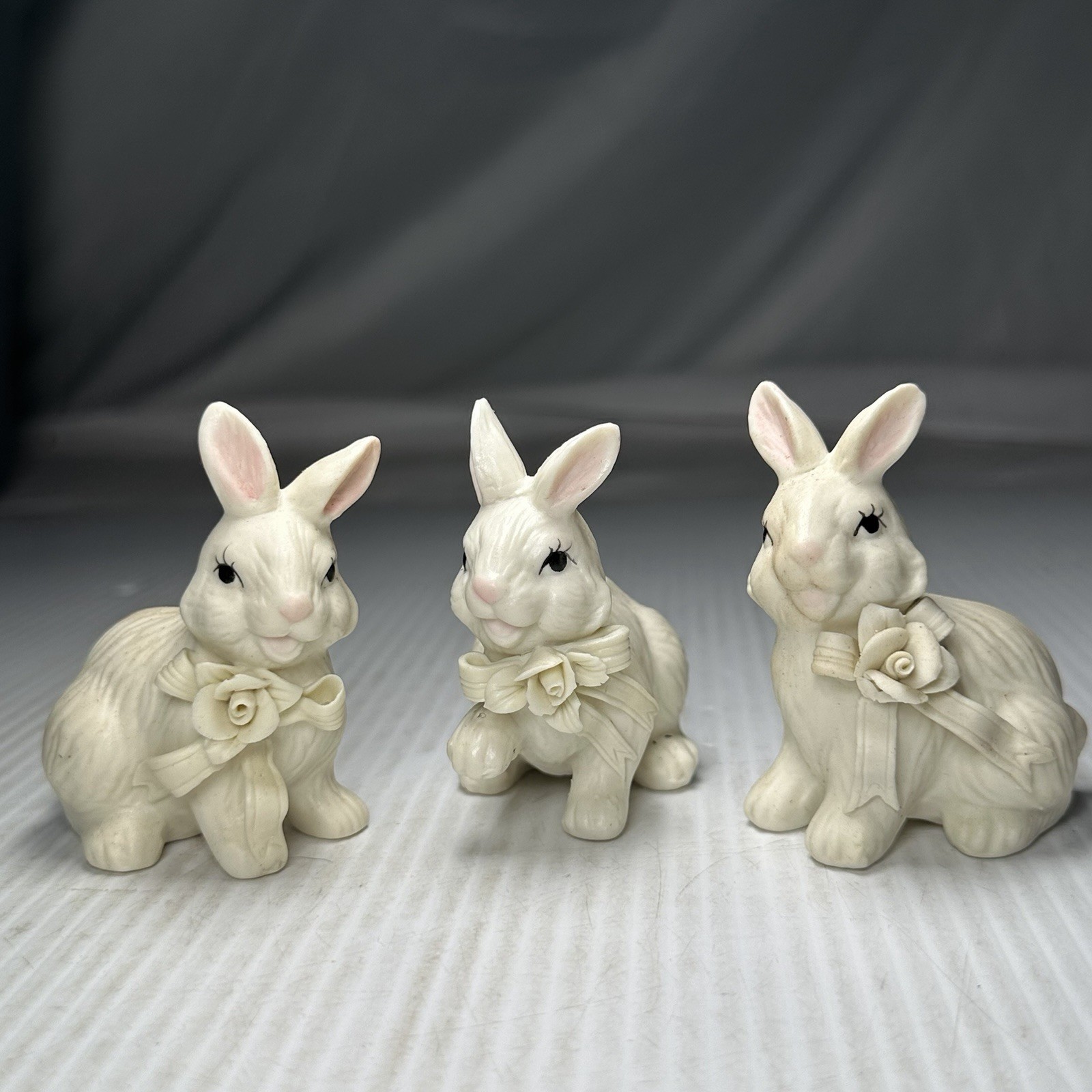 Set of 3 Adorable Porcelain Easter Bunny Rabbit Figurines Easter Spring Summer