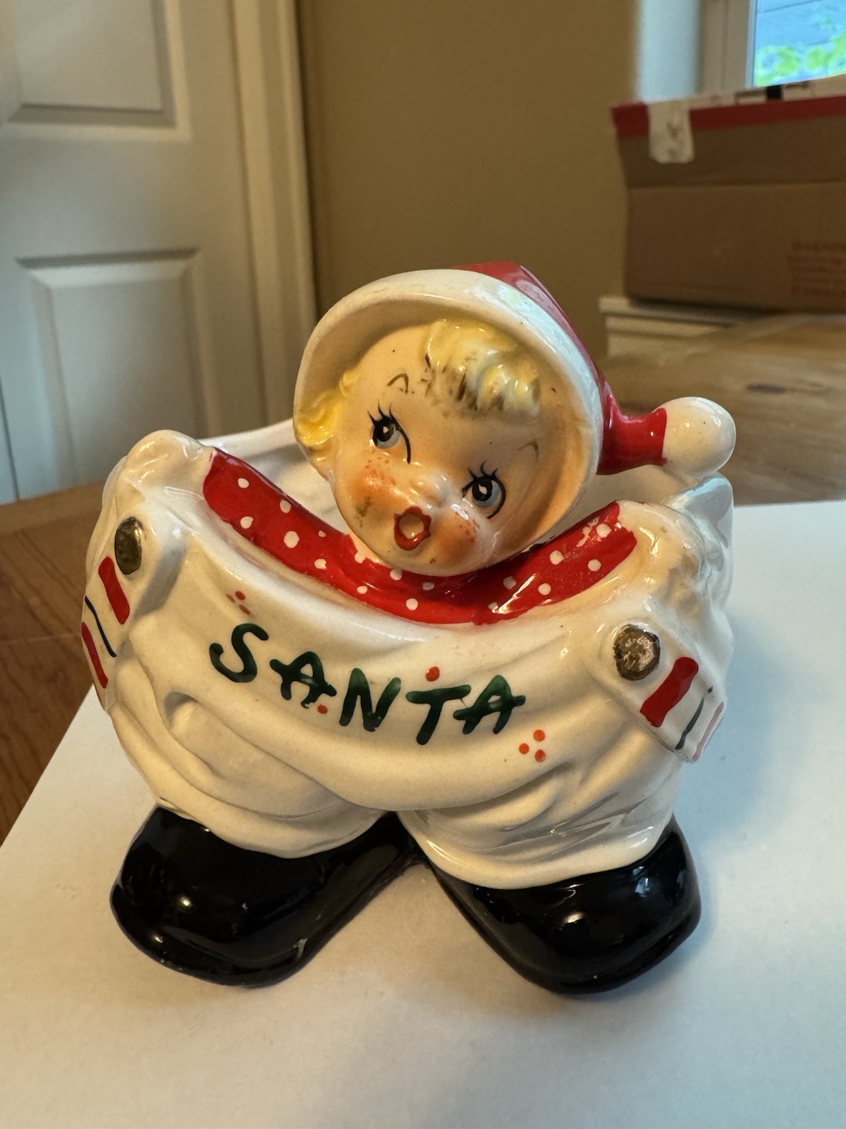Vintage Napco Ceramic Christmas Boy In Santa Pants Planter, RARE