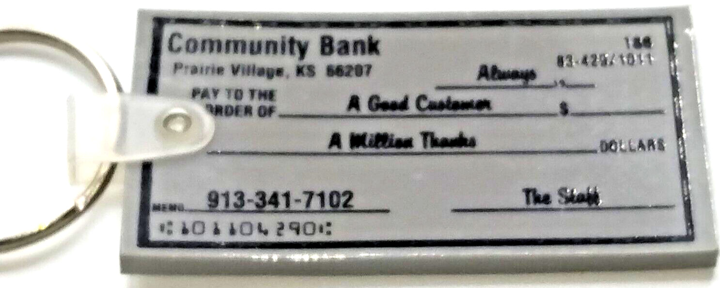 Vintage Keychain Community Bank Check PRAIRIE VILLAGE KANSAS Plastic Gray K122