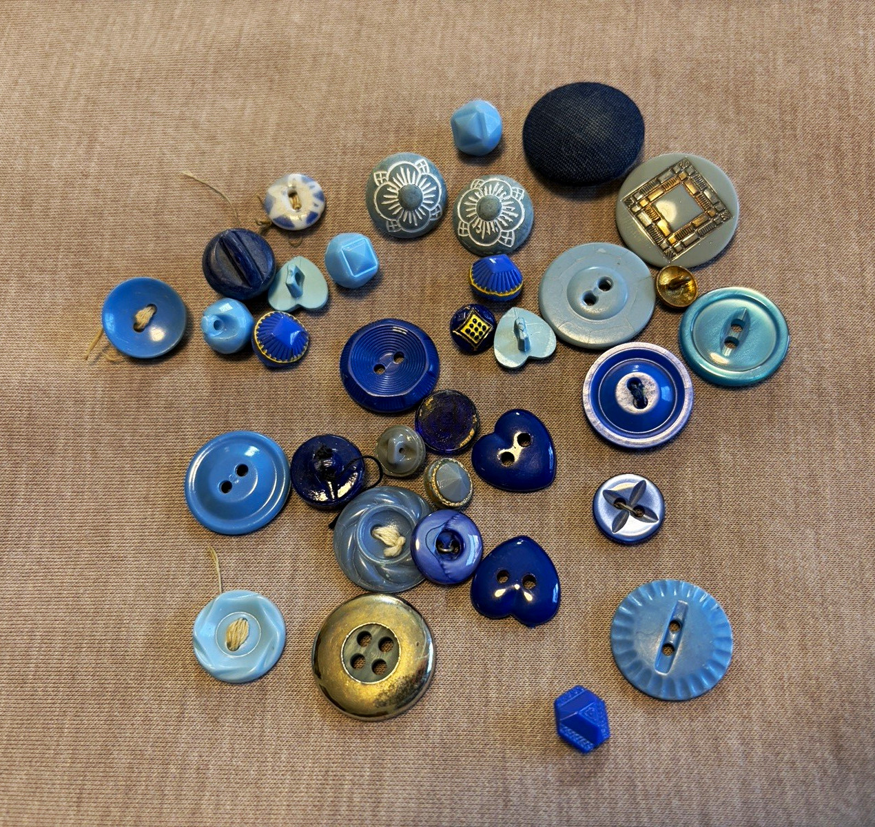 Vintage Blue Button Lot Assorted Hearts Floral Geometric Sewing Craft Buttons