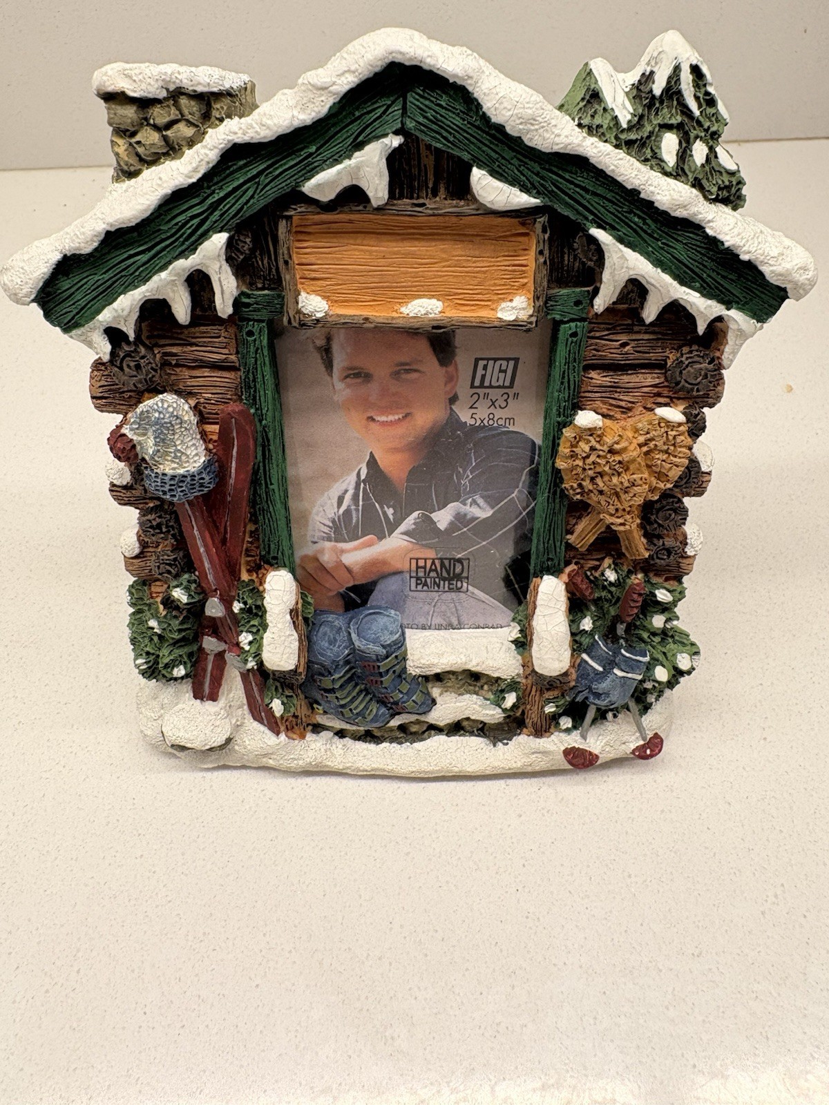 Vintage 1998 FIGI Ski Lodge Picture Frame 2x3 Hand Painted Christmas Chalet
