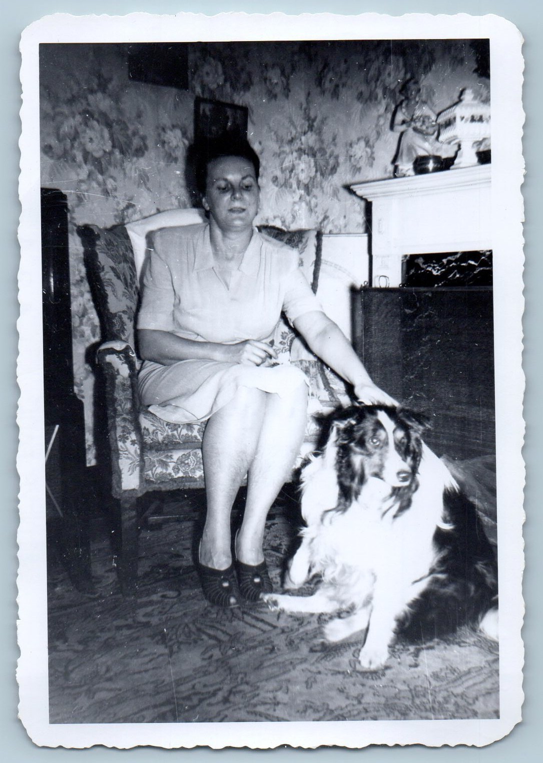 c1940\'s Woman With Collie Dog Fireplace MCM Furniture Chair Snapshot Photo