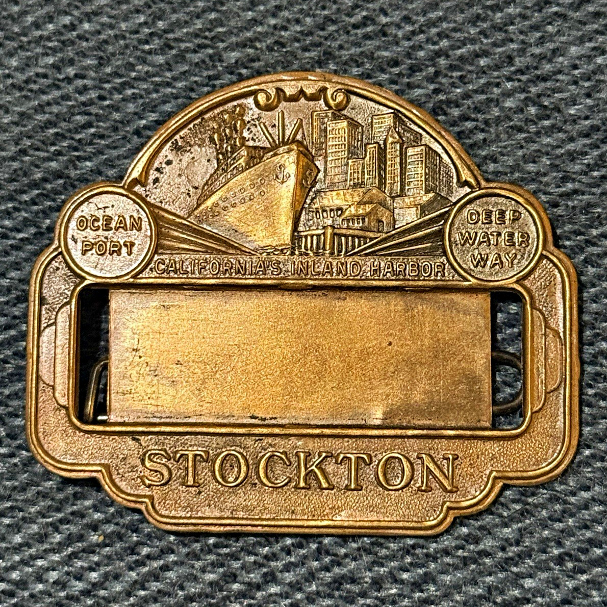Stockton California Souvenir Belt Buckle Brass Tone 