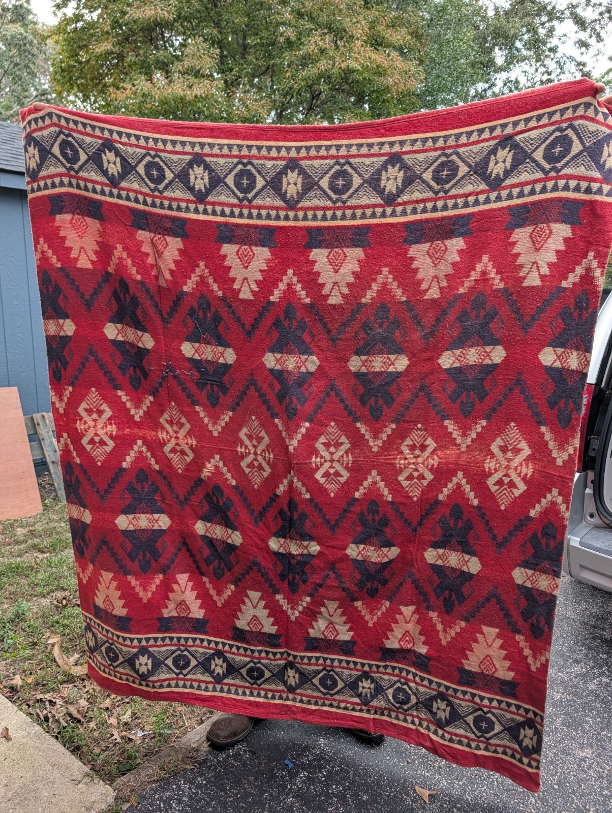 Vtg Mid Century Cotton Blend Cabin Camp Blanket Red Blue Geometric Center Seam