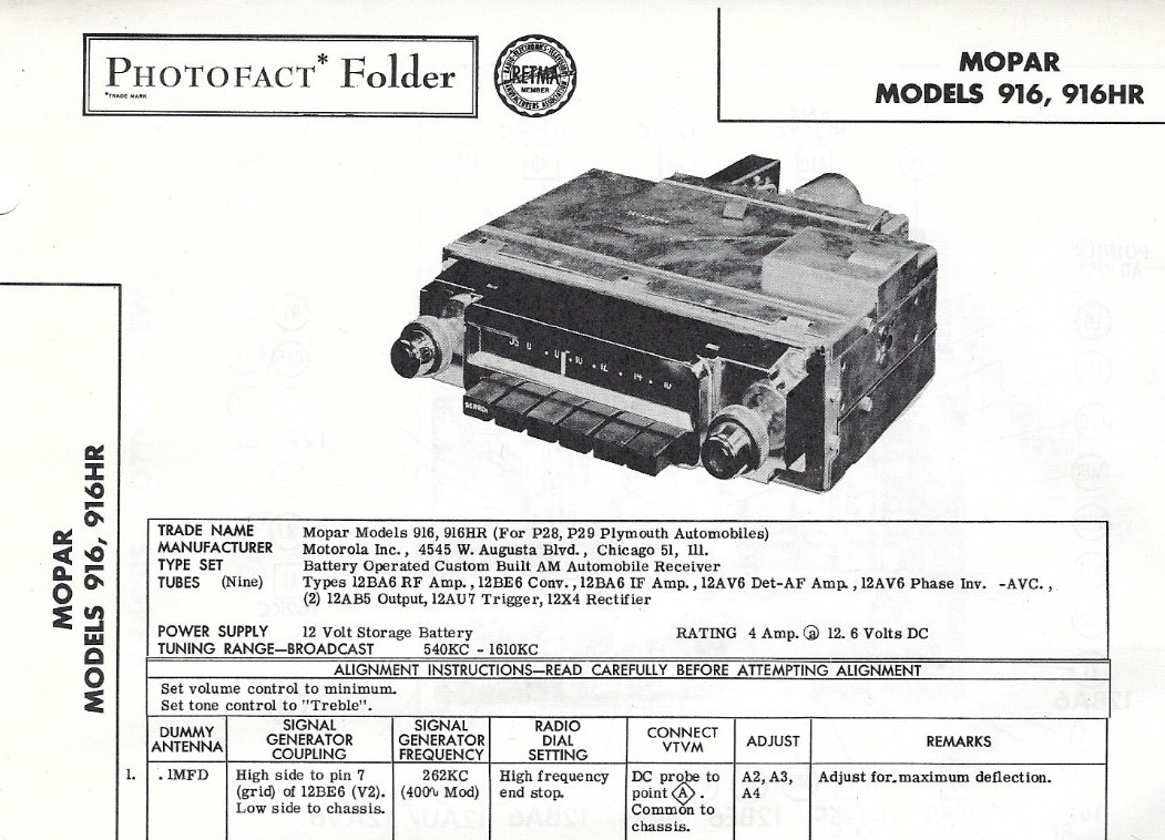 1957 Mopar 916 916HR Plymouth P28 P29 AM Car Radio Photofact Manual Schematic
