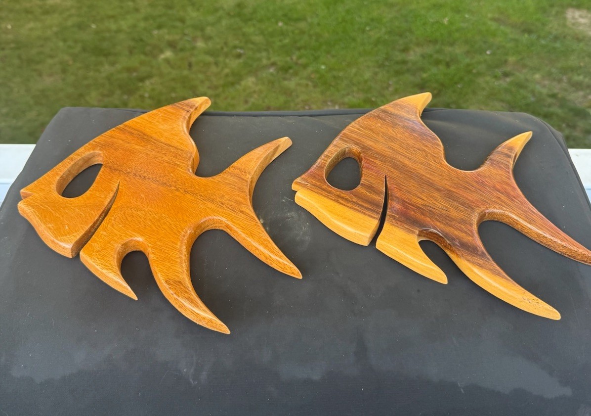Vintage Mid Century Modern Atomic Wood Fish Wall Art / Set Of Two Monkeypod