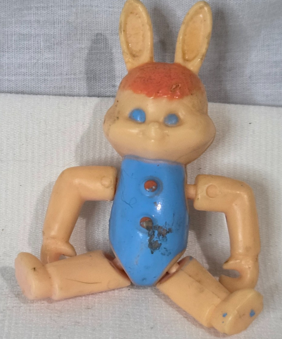 Vtg 1960's Jointed Bunny Rabbit Hard Plastic Blue Romper Figure Hong Kong 3''