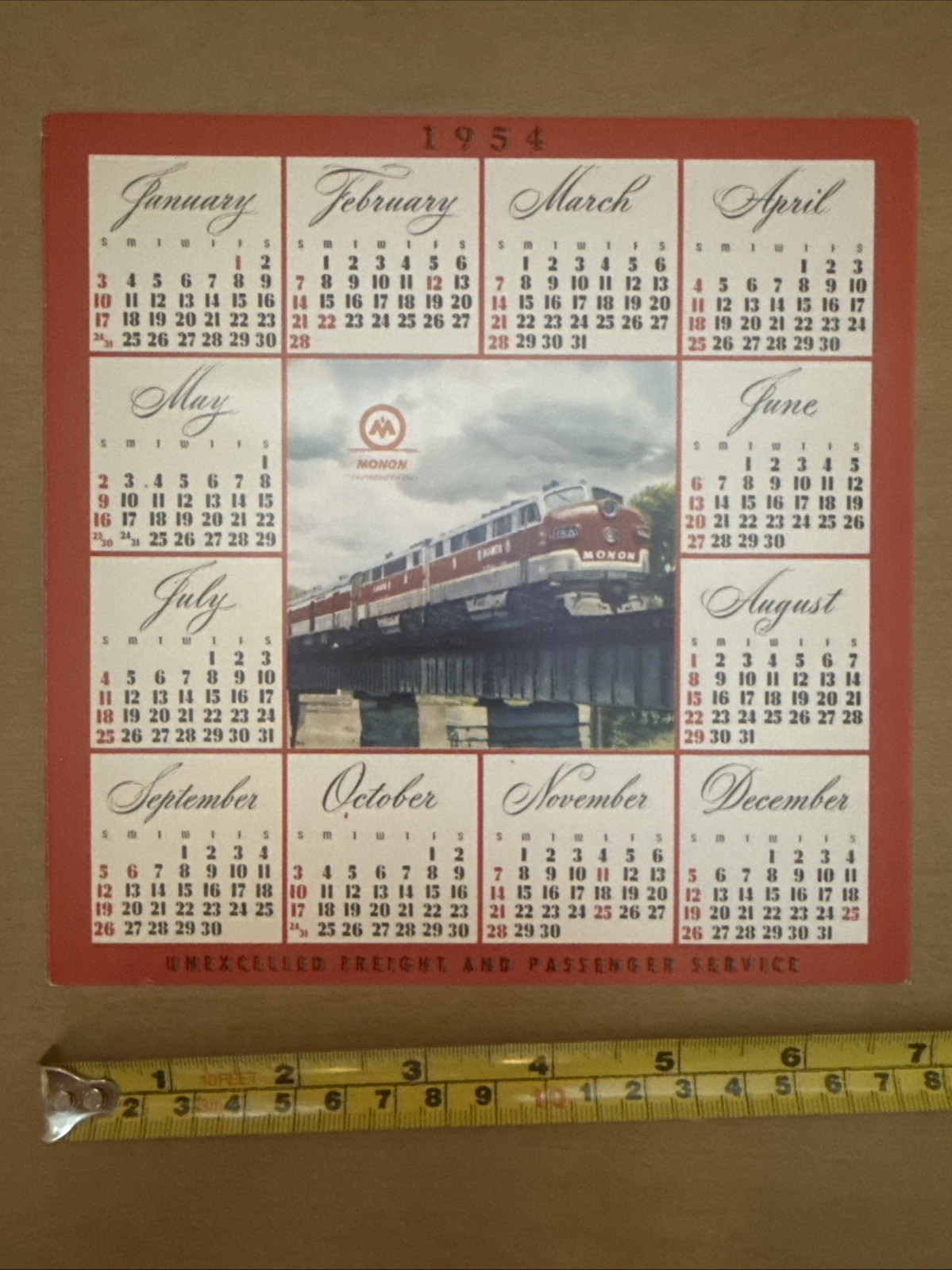 1954 Monon Railroad Vintage Calendar Hoosier Line (Works In 2027) Vintage 7”x7”