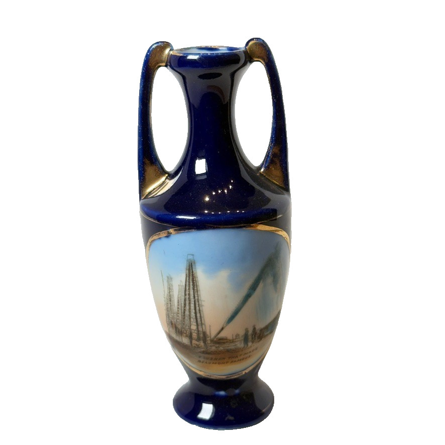BEAUMONT Oil Wells Gas TX TEXAS ANTIQUE Souvenir China COBALT TRINKET VASE