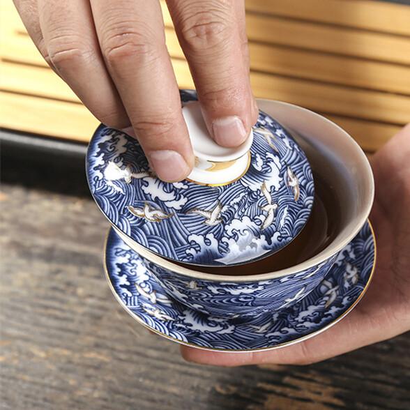 Chinese Pure Silver Gaiwan Color Enamel Craft Porcelain Tureen Covered Bowl Lid