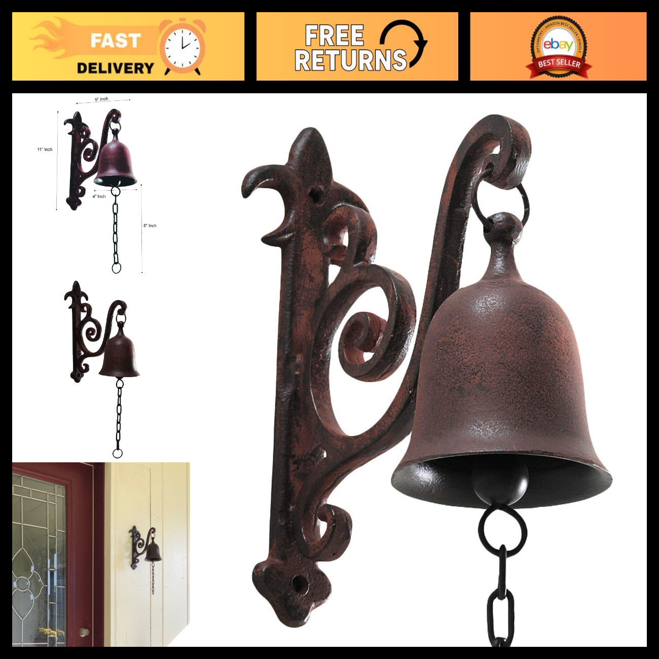 Vintage Cast Iron Dinner Bell - Outdoor Hanging Decor, Antique Wall Bell for Ent
