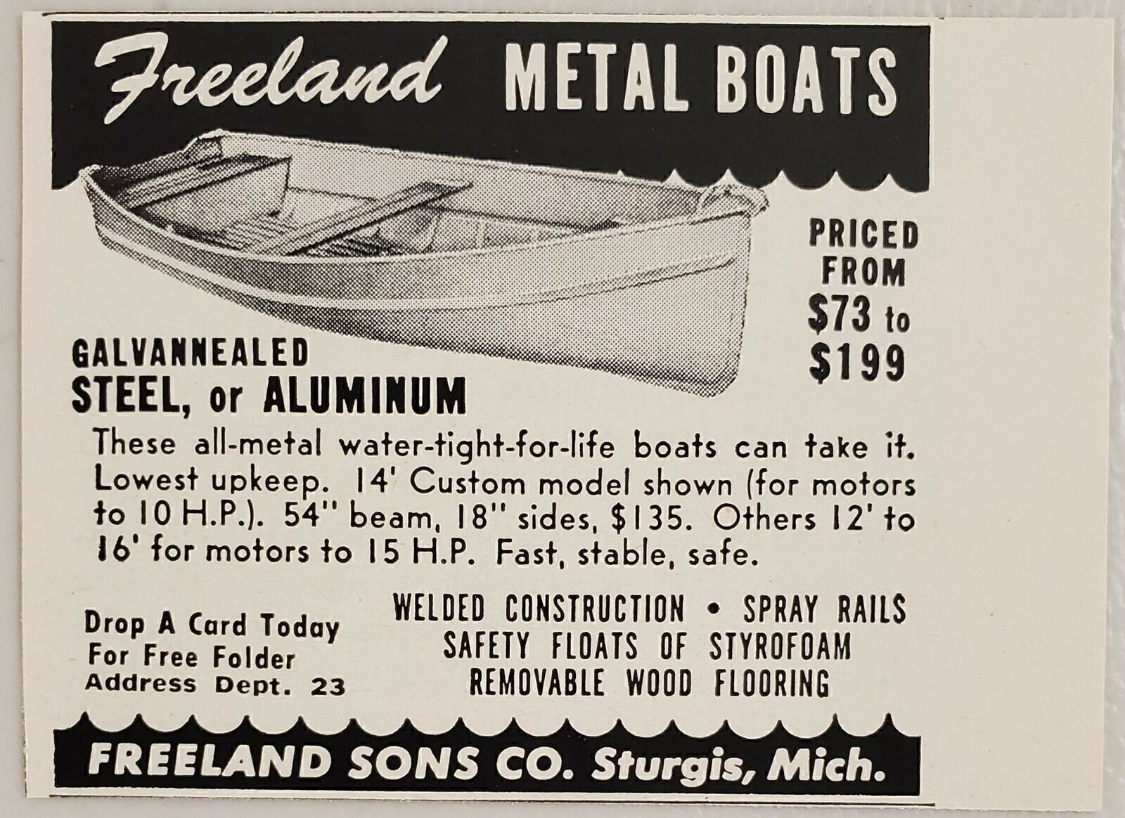 1954 Print Ad Freeland Metal Boats Made in Sturgis,Michigan
