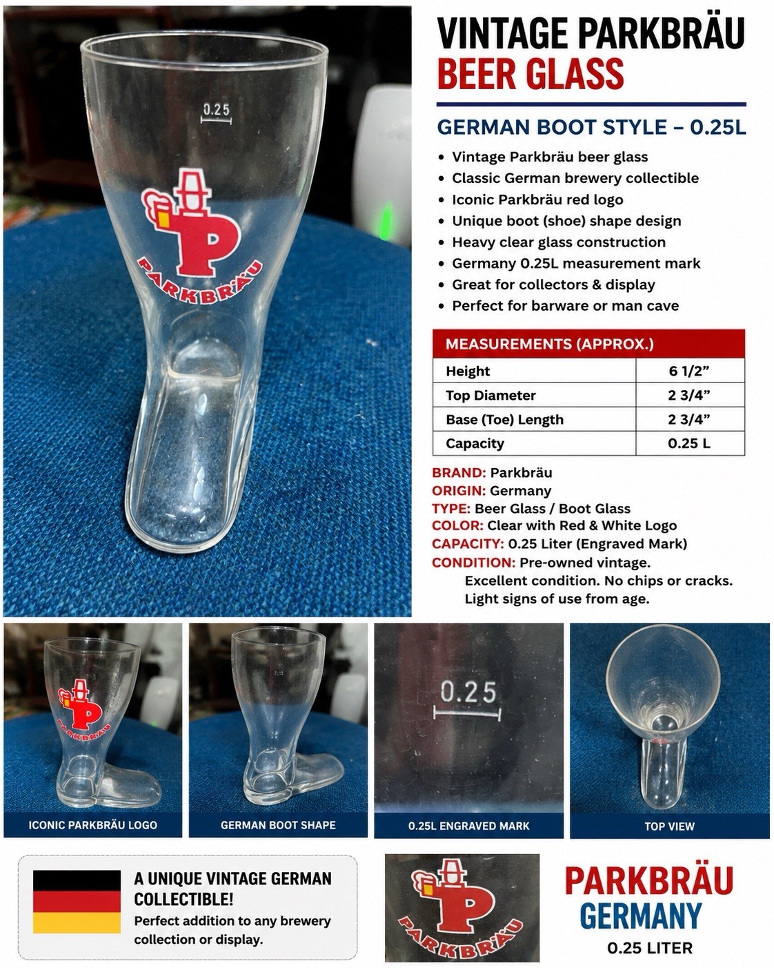 Vintage Parkbräu German Beer Boot Glass 0.25L Brewery Pilsner Barware