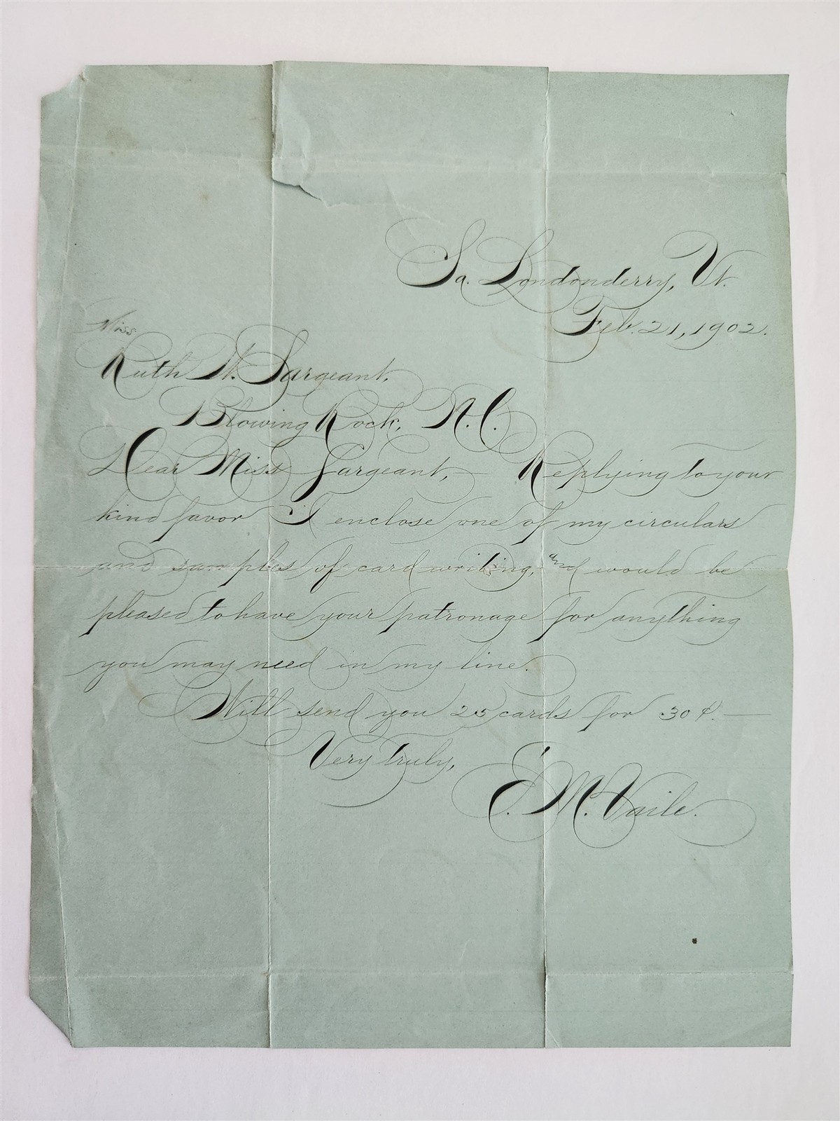 1903 antique E M VAILE south londonderry vt PENMANSHIP LETTER RUTH SARGENT
