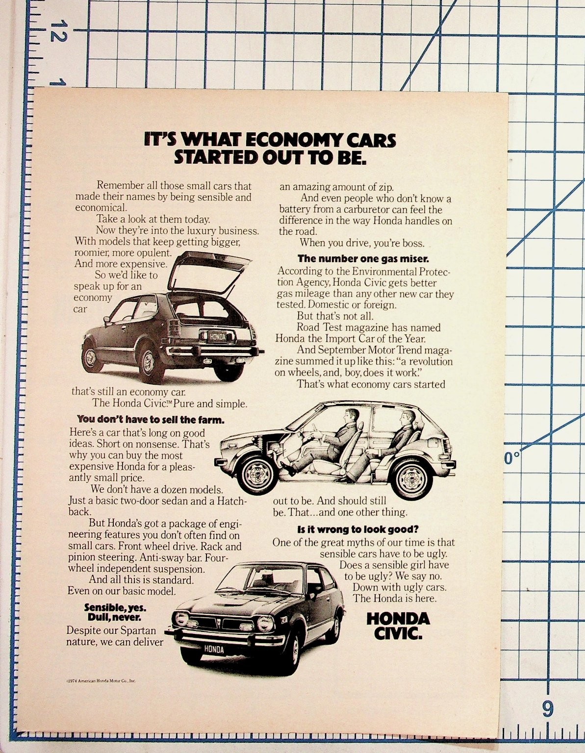 1974 Honda Civic Magazine Ad Original Print Car Economy Vintage Ephemera