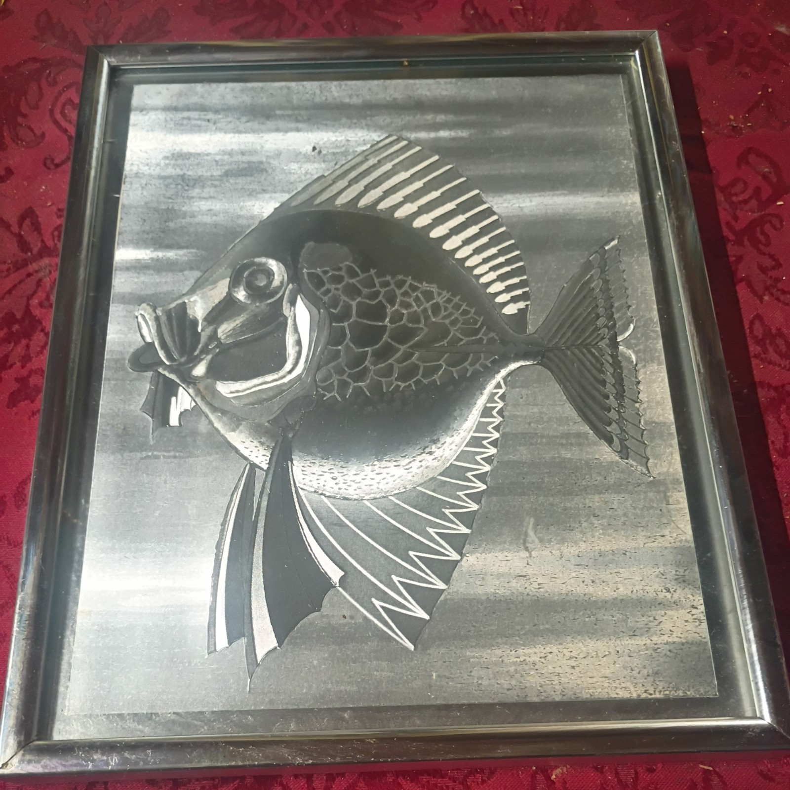 VINTAGE MID CENTURY Silver Etched Framed Fish Vintage MCM 10 BY 12 WALL ART. 