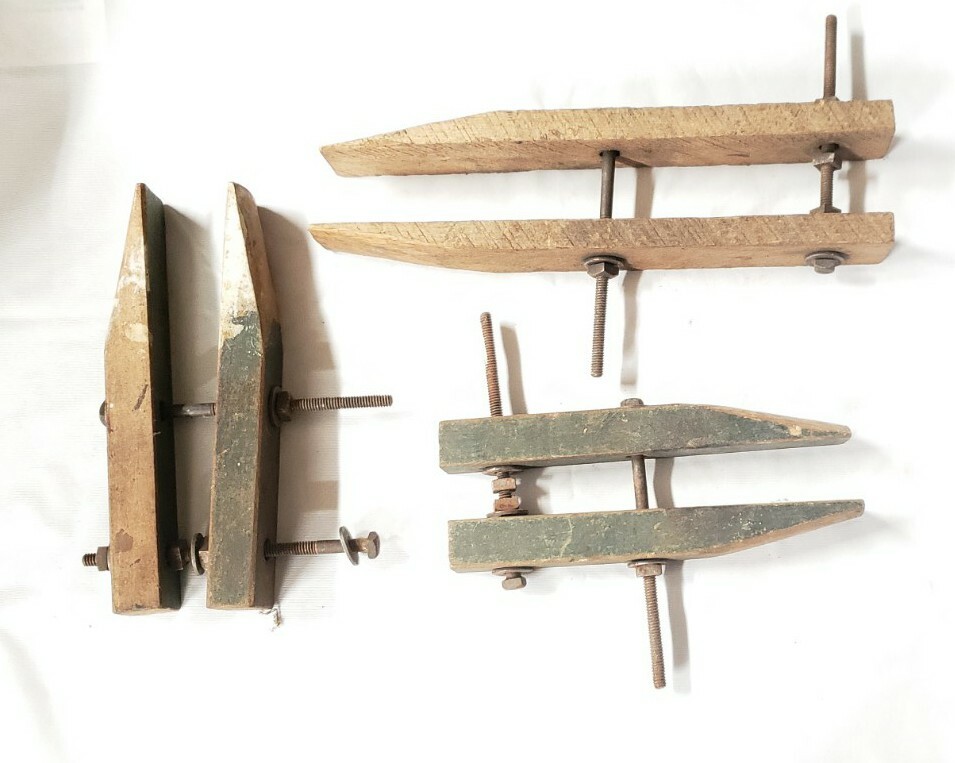 3 Vintage Early Wood Vice Clamp Lot w/ Square Head Bolts / Unbranded Homemade?