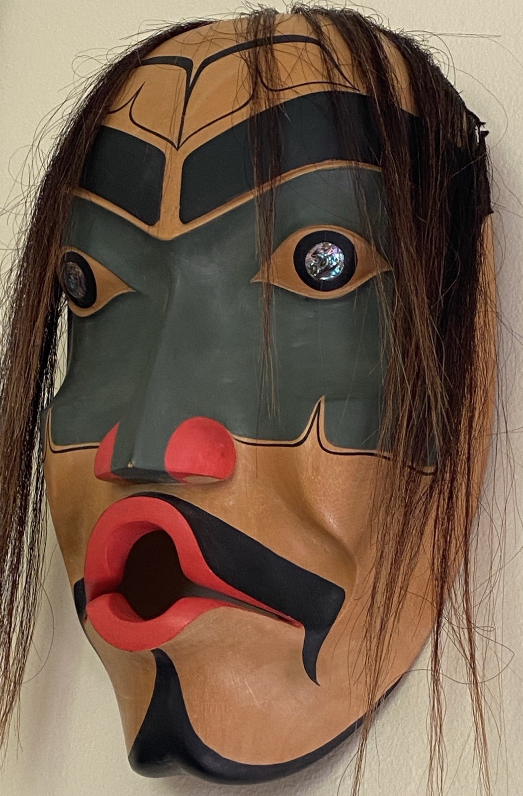 Pacific Northwest Kwakiutl Native Carved Cedar Mask Wild Man Horsehair Abalone