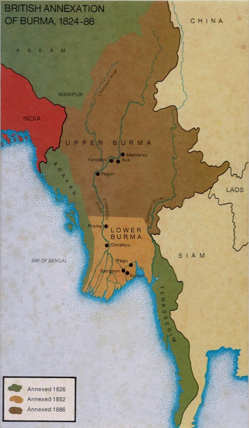 1954 Map British Annexation of Burma 1824-1886 Anglo-Burmese War Matted Print