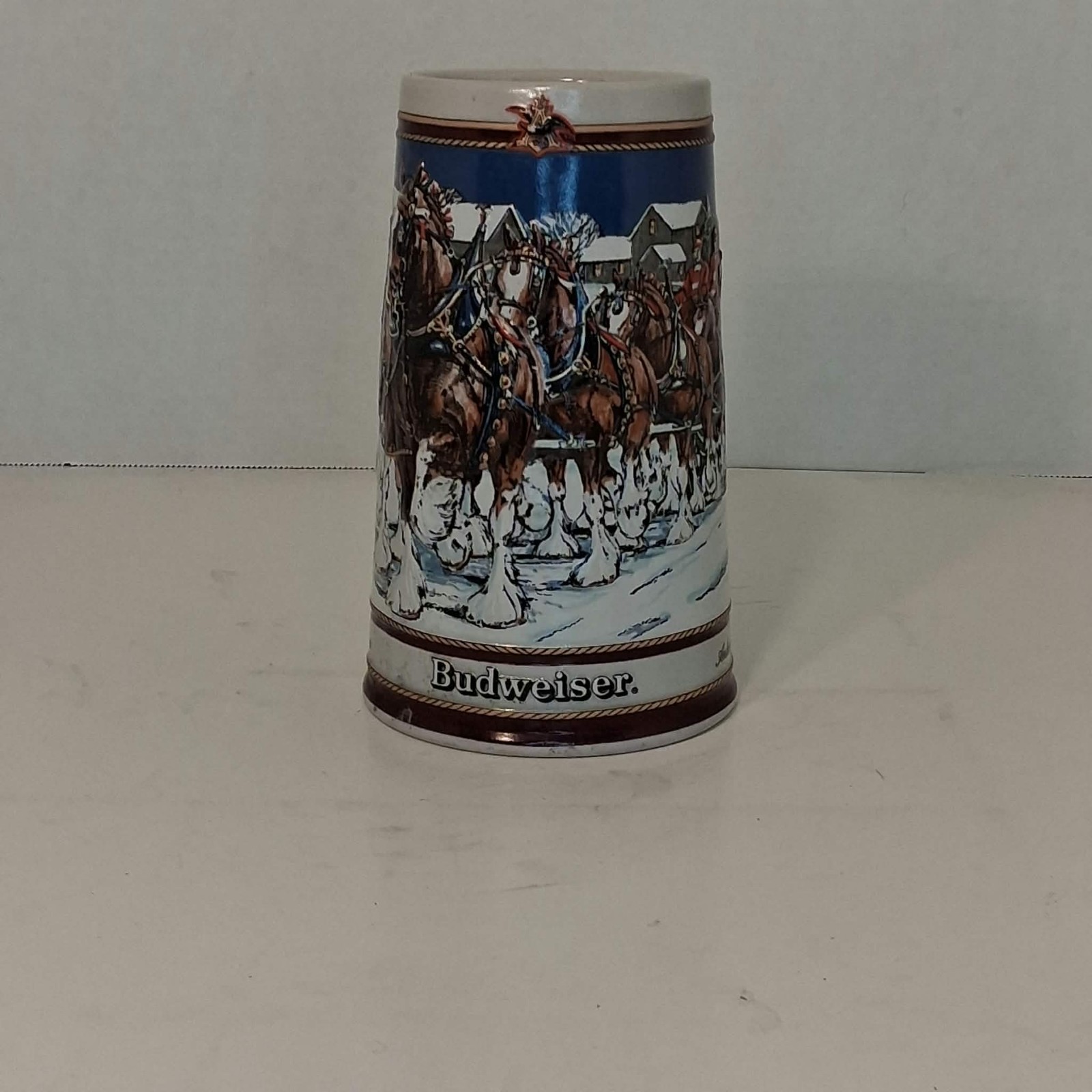 Vintage 1989 Budweiser Holiday Beer Stein Clydesdales Winter Evening Ceramarte