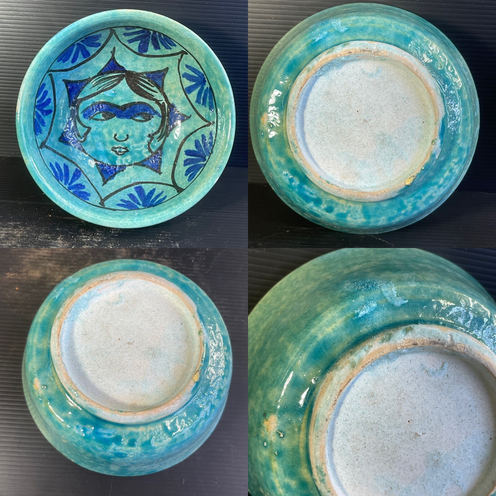 Beautiful Persian Vintage Turquoise Glazed Face Painted Ceramic Bowl