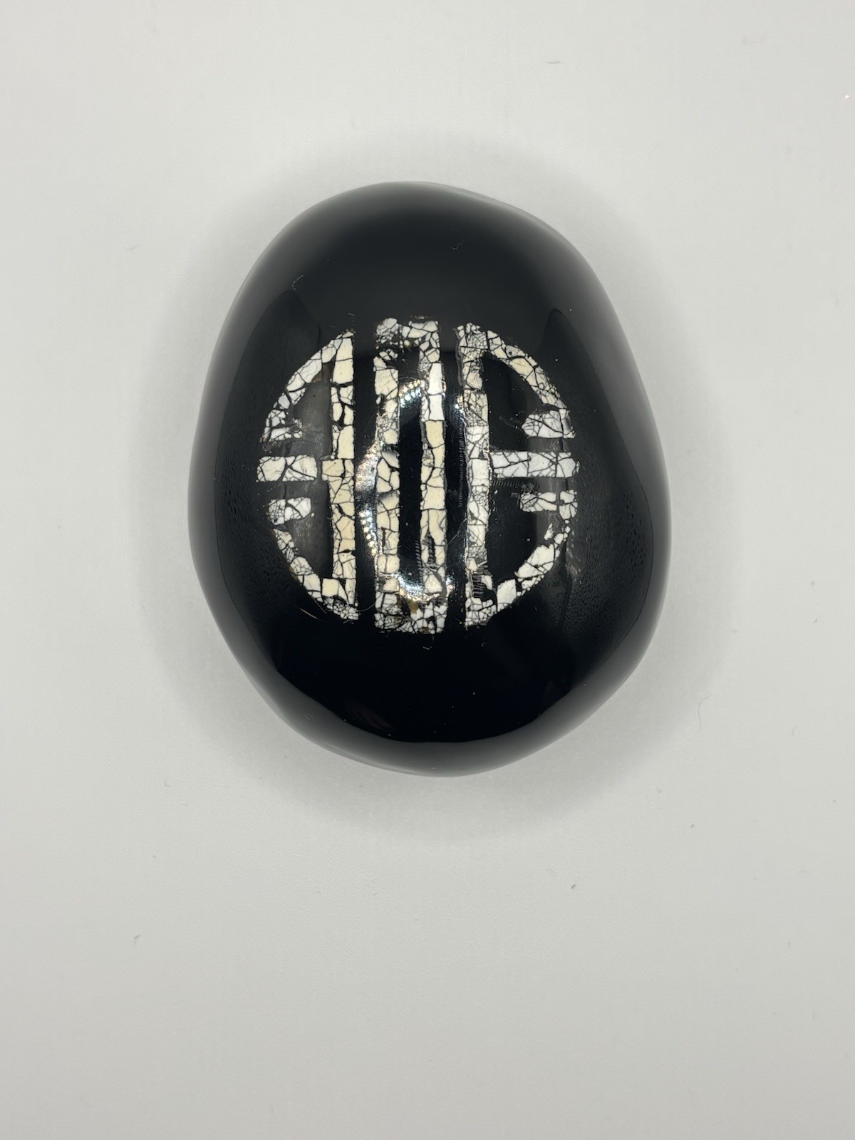 Antique French Paper Weight, Circa 1900 Black Glass With Egg Shell Monogram
