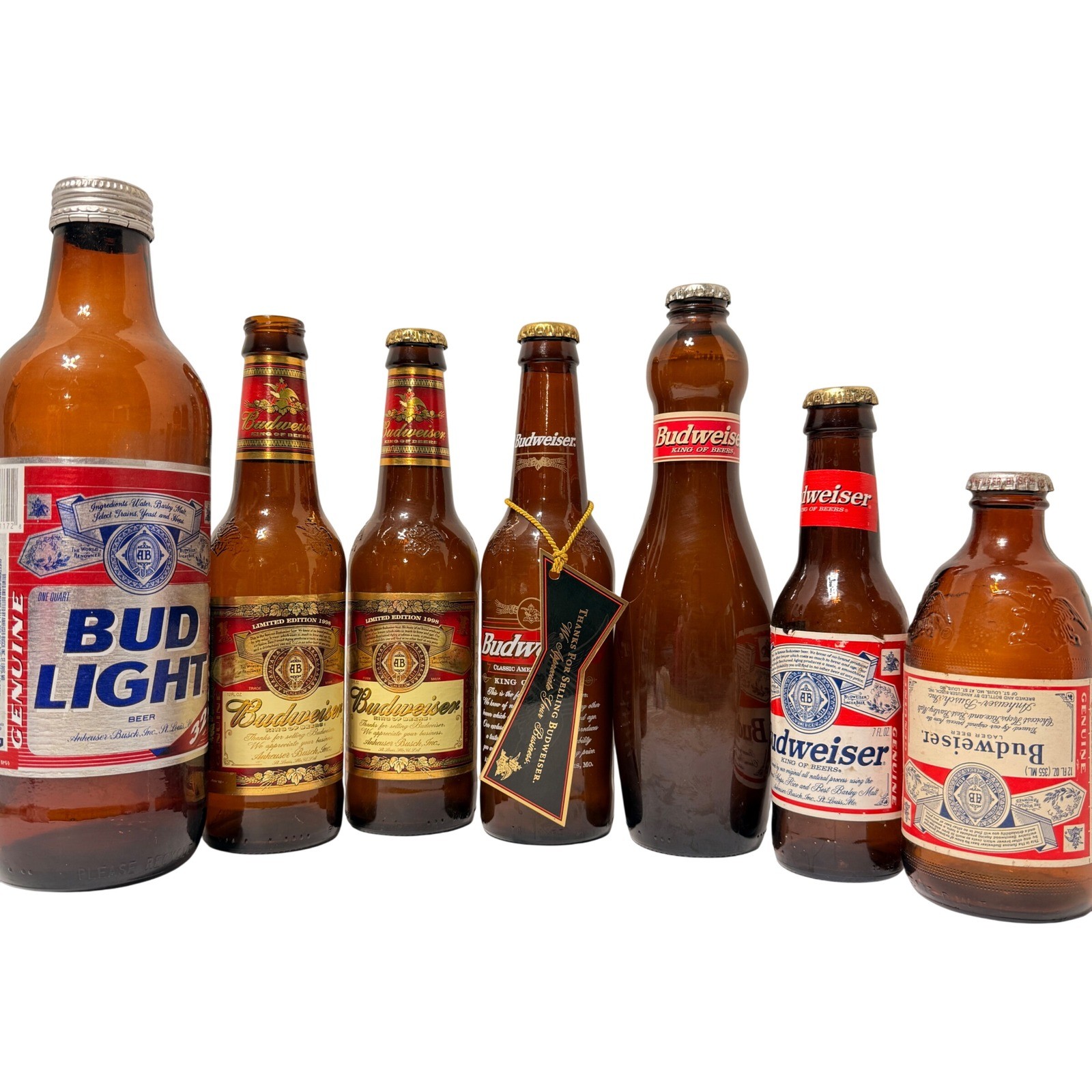 Vintage Budweiser Bud Light *EMPTY* Beer Bottle Collection Bowling Pin 7pc Set