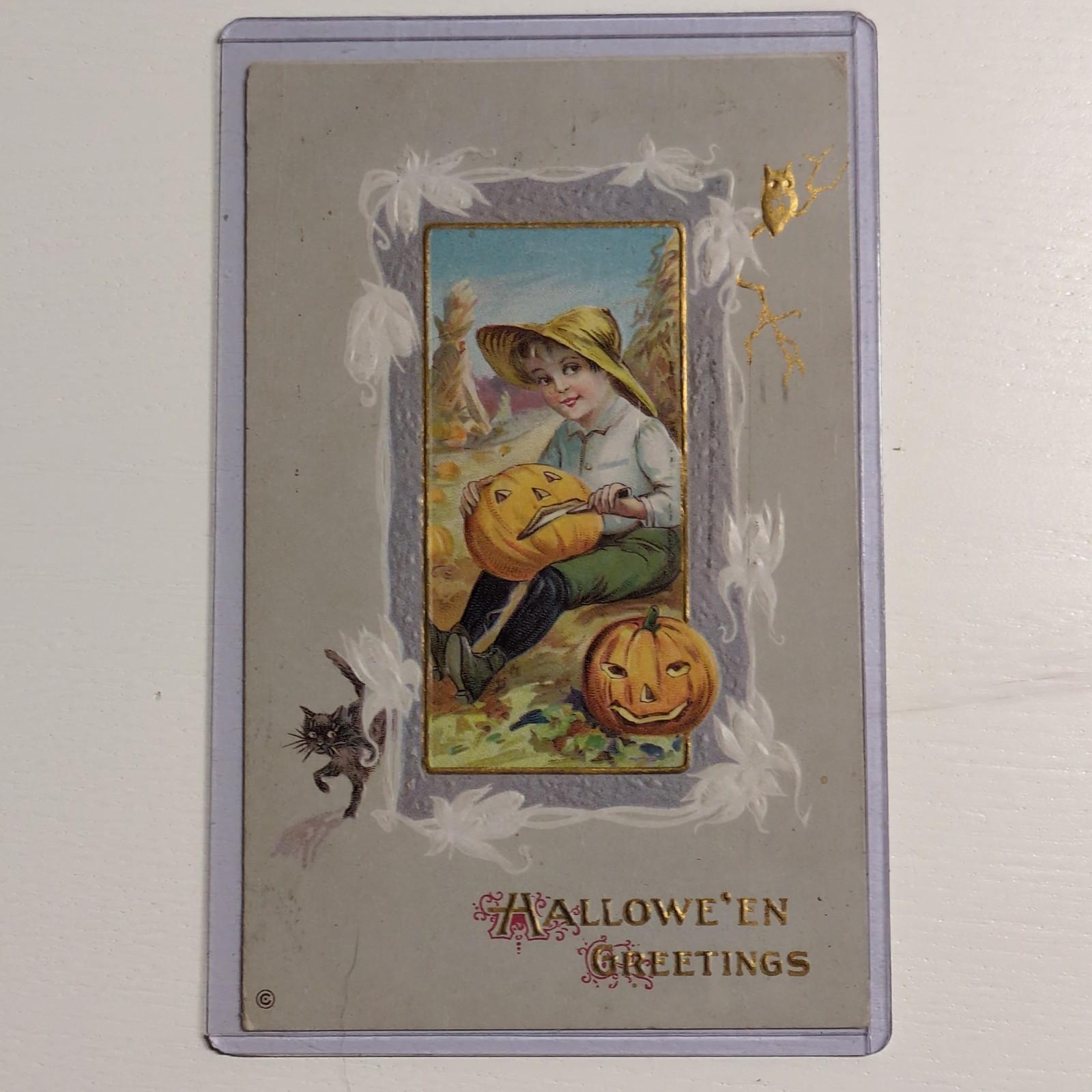 Antique 1913 Halloween Postcard Boy Carving Jack O Lantern Series 345C