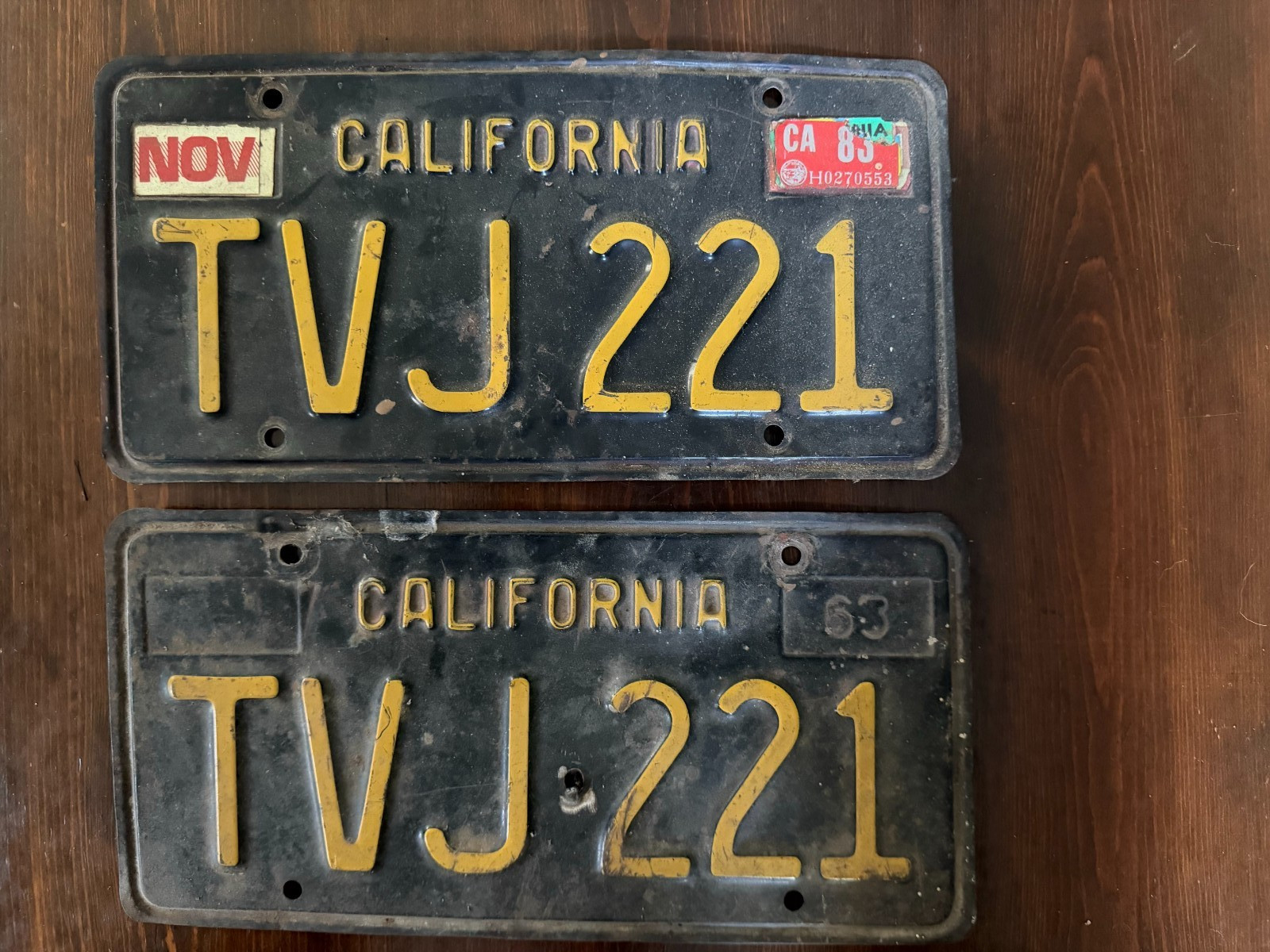 Pair of Vintage 1963 California Black & Yellow License Plates - TVJ 221