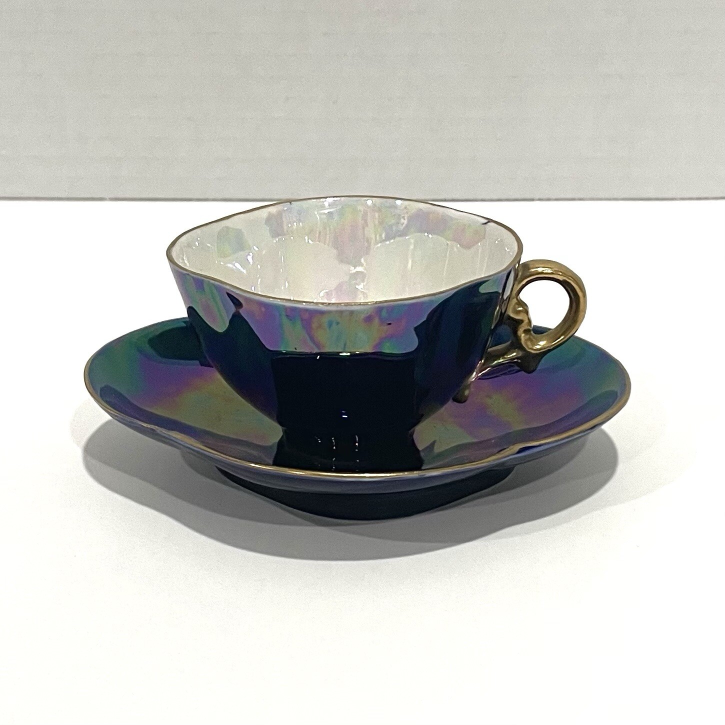 Antique Sarreguemines France Iridescent Lustre Tea Cup And Saucer Purple Blue