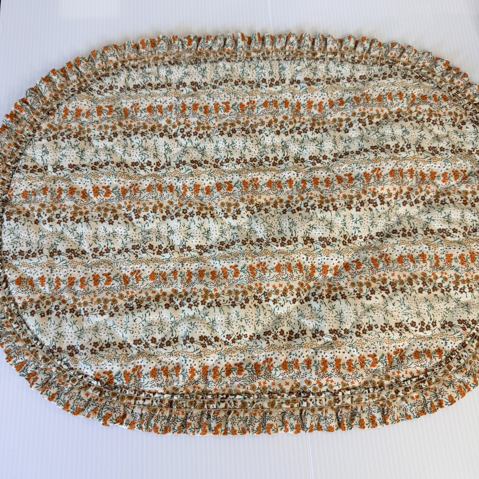 Vintage 1970s Quilted Oval Floral Placemats Set of 6 Orange Brown Ruffled Edge