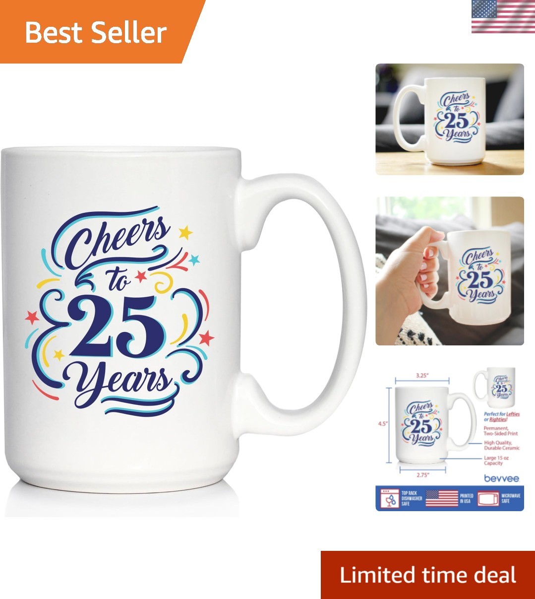 Cheers to 25  Ceramic Coffee Mug 25th Anniversary - 15 oz