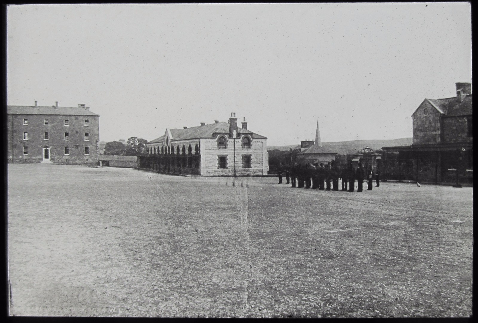 Glass Magic Lantern Slide MEN ON PARADE AT BARRACKS C1890 PHOTO IRELAND