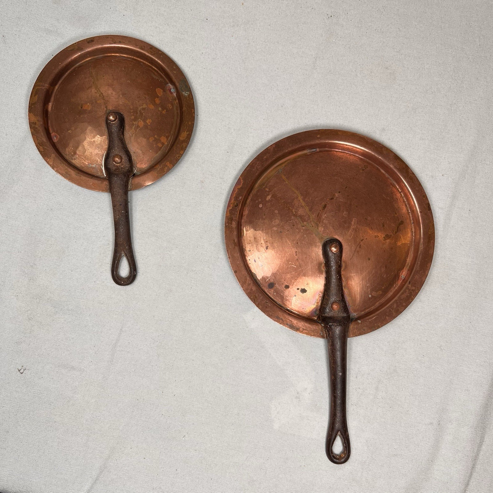 Two Antique Duparquet Fitted Copper Pan Lollipop Lids- 7” & 5.5”